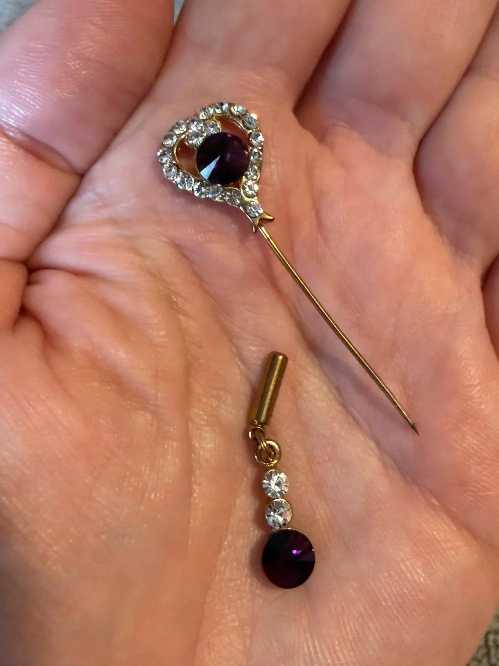 Vintage Gold-Tone Purple Crystal Stick Pin Brooch